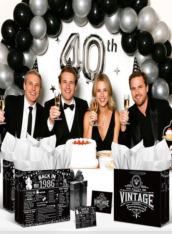 Woosytoo 40th Birthday Gifts Bag Vintage Back in 1986 Gift Bags with Greeting Card Black Silver 40th Birthday Wrapping Paper Bag for Women Man Forty 40 Year Old Bday Party Favors Supplies - Image 5